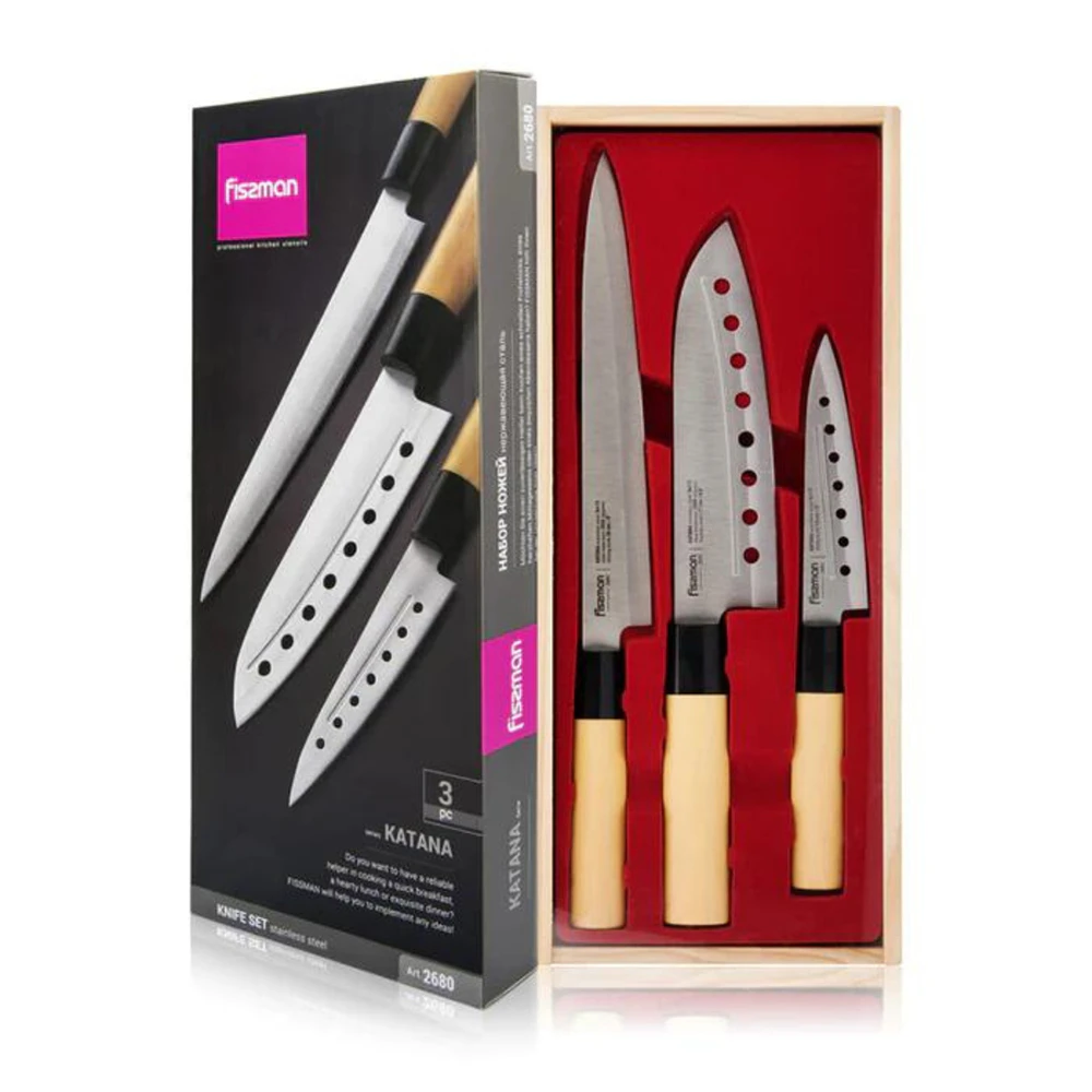 3pc Fissman Kichen Stainless Steel Cutting Knife Box Utensil Cutlery Set