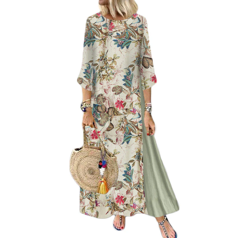 Strapsco Womens Long Dress 3/4 Sleeve Flowy Floral Casual Dress for Summer-Green