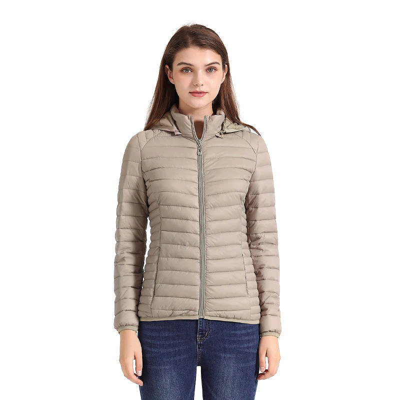 Lookbook Womens Short Down Jacket Stand Collar Lightweight Removable Cap-Beige