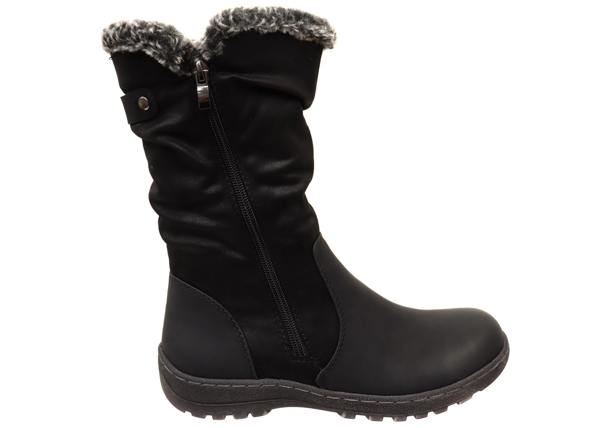 Bellissimo Noon Ladies Boots Mid Length Boot Double Zip Fluffy Lined Flat Soles - Black