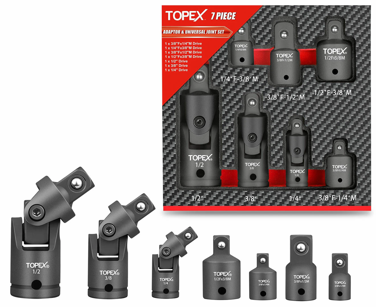 TOPEX 7-piece socket adaptor set 1/4" 3/8" and 1/2" universal joint socket adaptor