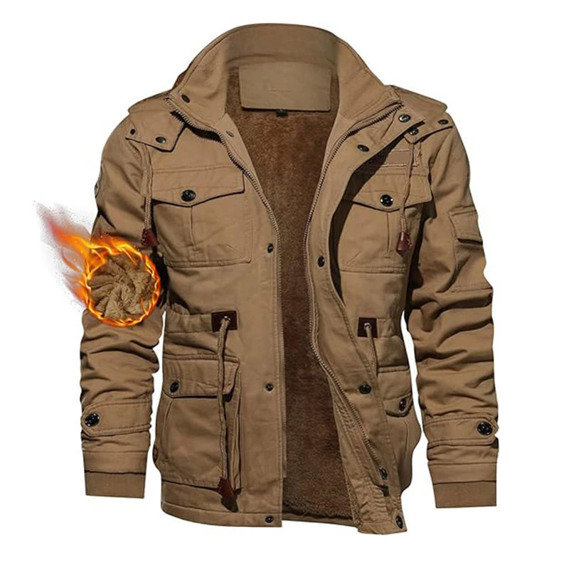 Roselux Mens Winter Jacket Cotton Fleece Lined Military Coats with Hood-Khaki