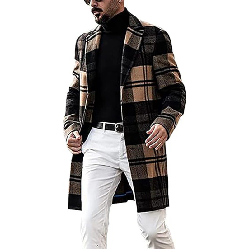 Roselux Single Breasted Coat for Men Plaid Notched Collar Mid Long Overcoat