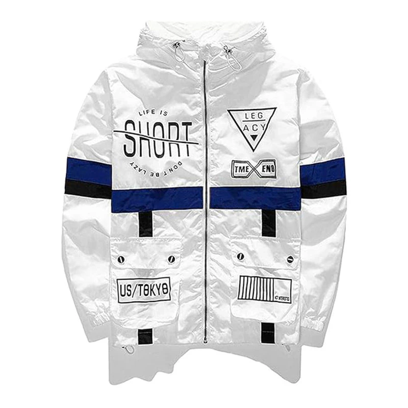 Roselux Lightweight Windbreaker for Men Hip Hop Hooded Zip Up Jacket-White