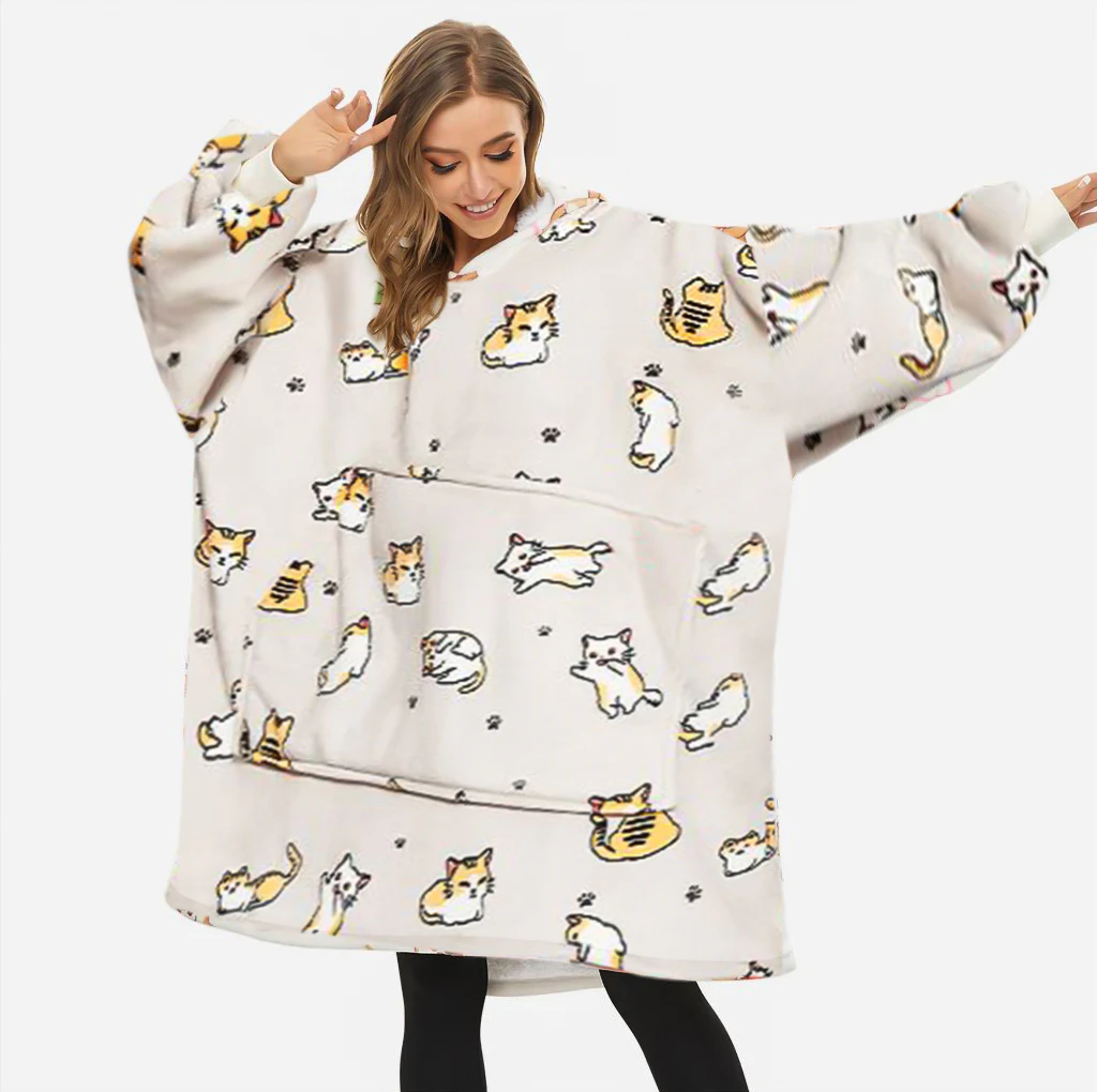 Oversized Plush Hooded Blanket - Cats