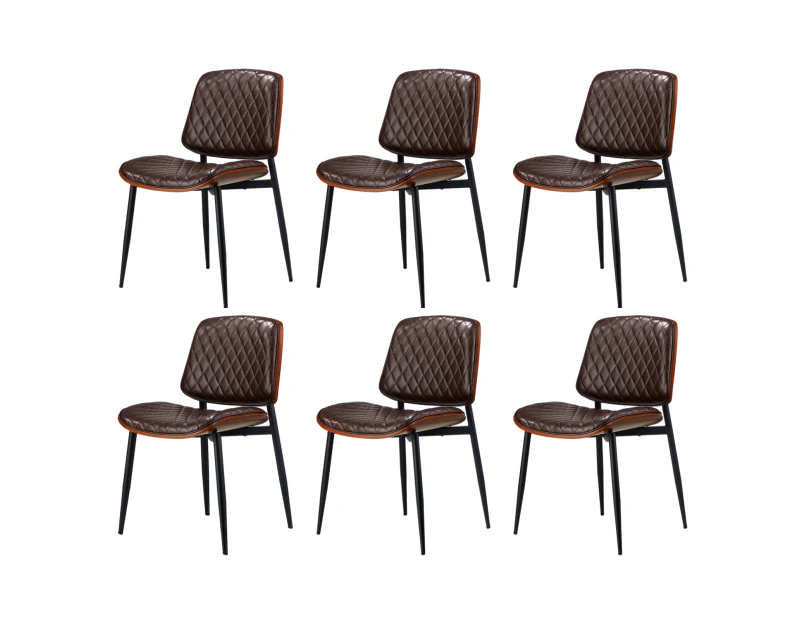 Oikiture 6x Dining Chairs Retro Faux Leather Solid Beech Wood Metal Legs Walnut