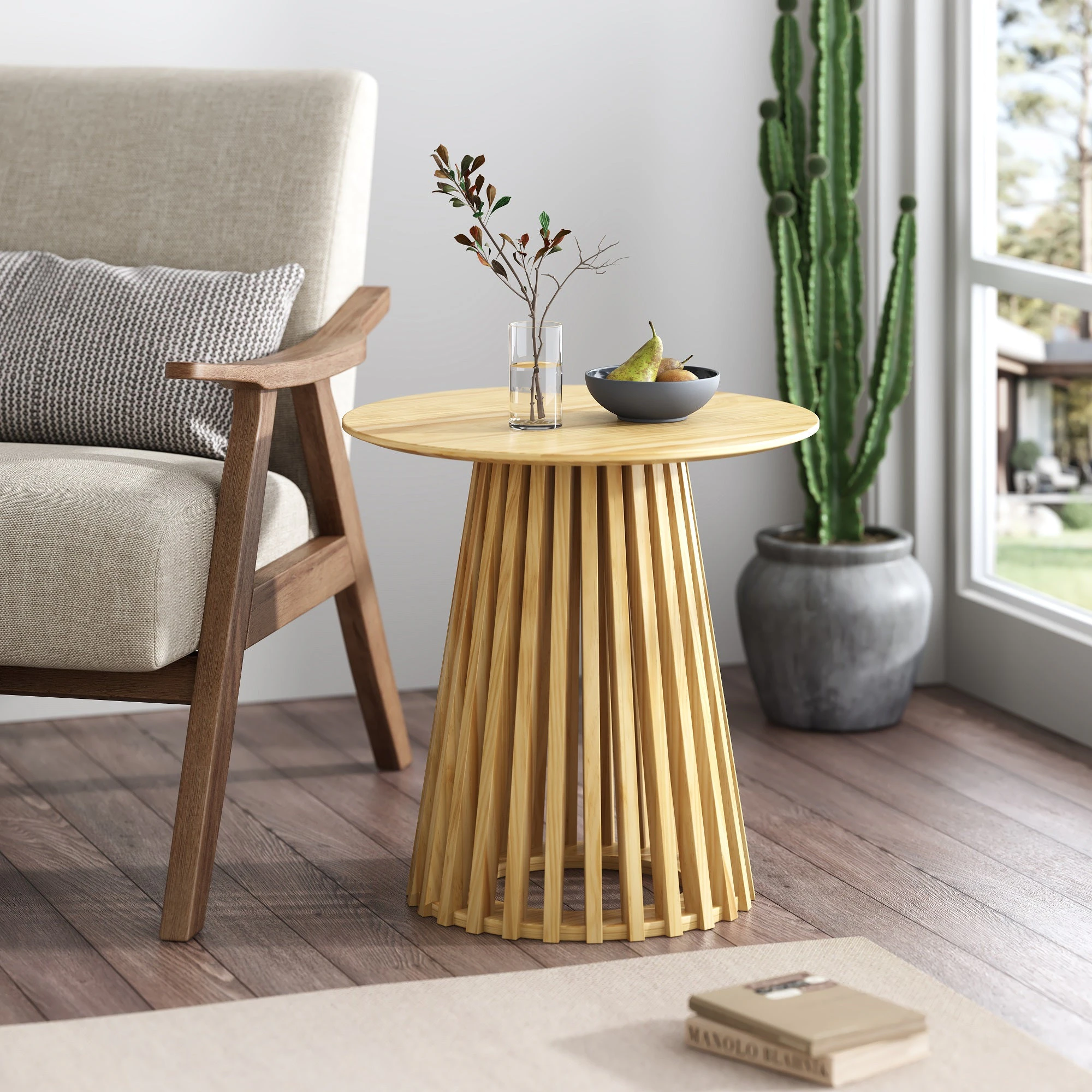 Dreamo Round Slatted Side Table Wooden Natural