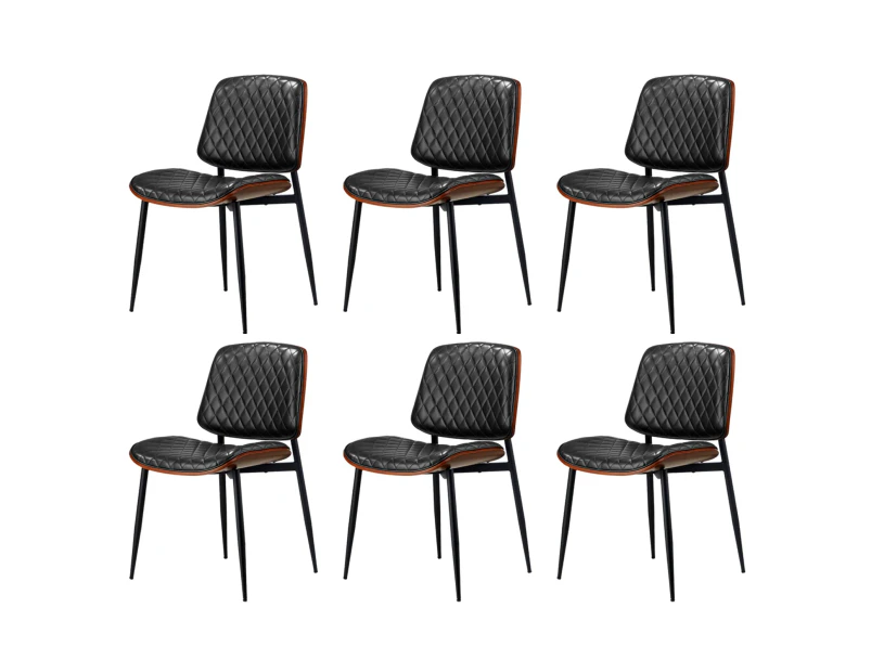 Oikiture 6x Dining Chairs Retro Faux Leather Solid Beech Wood Metal Legs Black