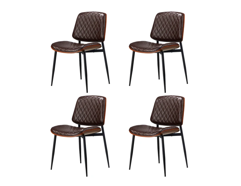 Oikiture 4x Dining Chairs Retro Faux Leather Solid Beech Wood Metal Legs Walnut