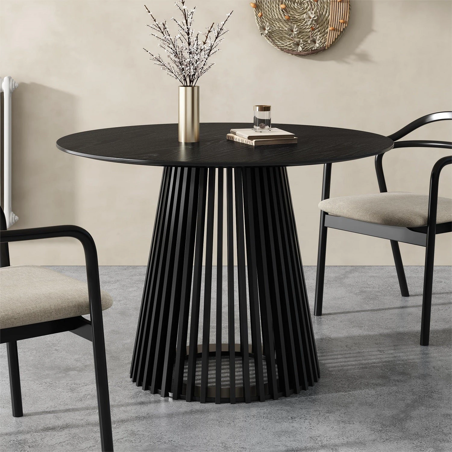 Dreamo Round Wood Slatted Dining Table Black