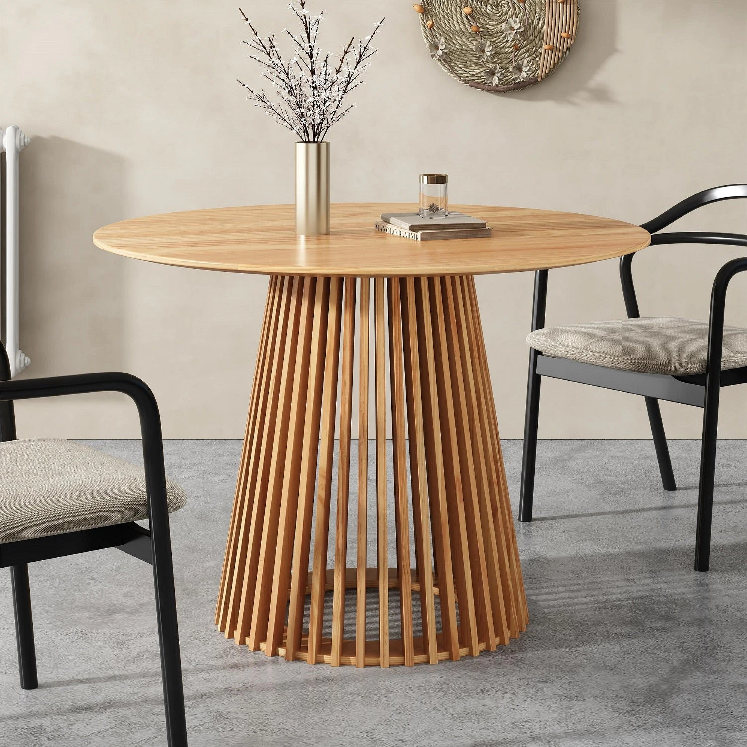 Dreamo  Round Wood Slatted Dining Table Natural