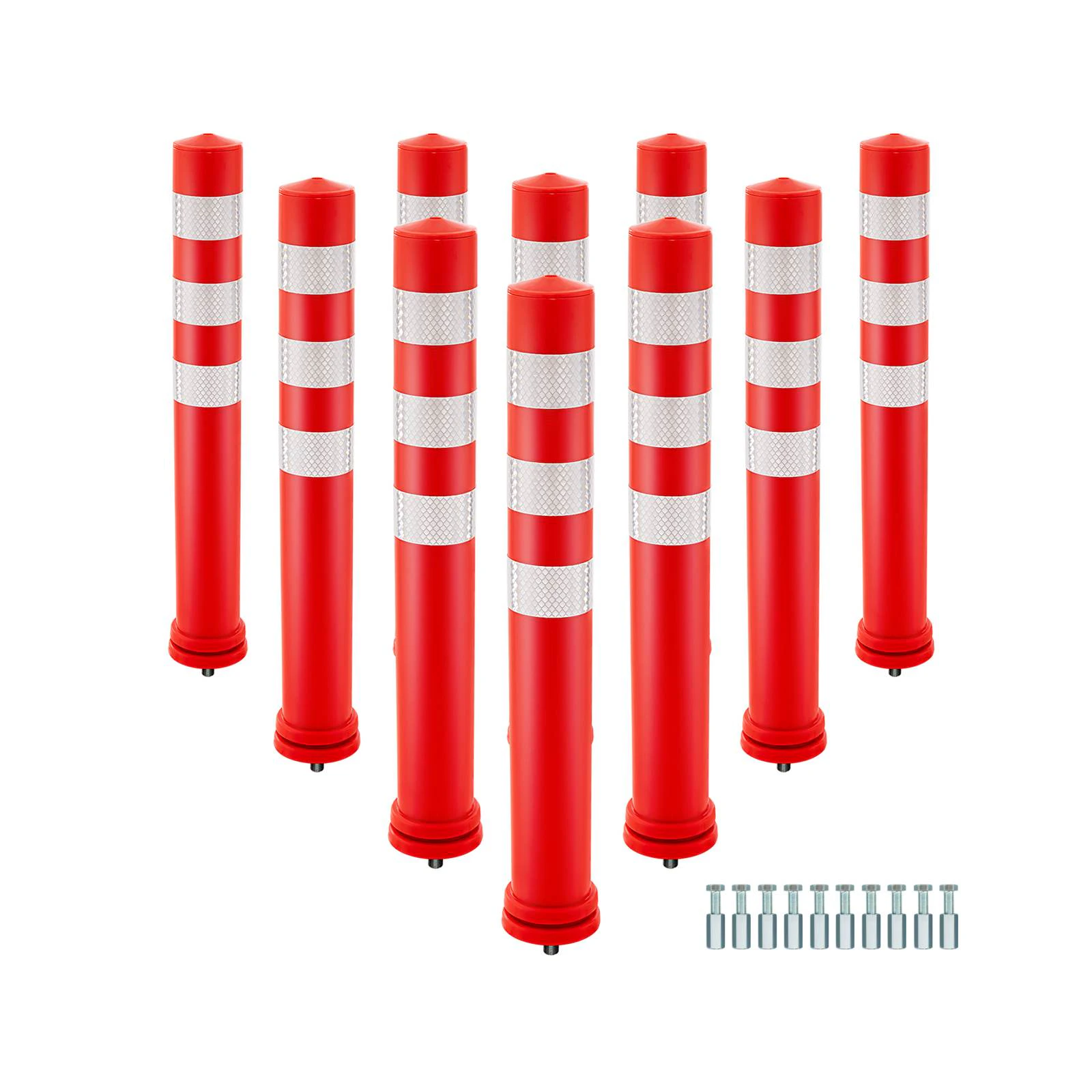 Costway 10PCs Caution Cones Bollard Post Traffic security Barrier Parking Posts w/Anchor Bolt & Reflective Strips Parking Lot Warehouse