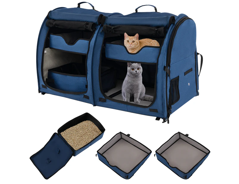 Costway 2-in-1 Pet Kennel Portable Cat Carrier Dog Crate Set Travel Backpack Outdoor Navy