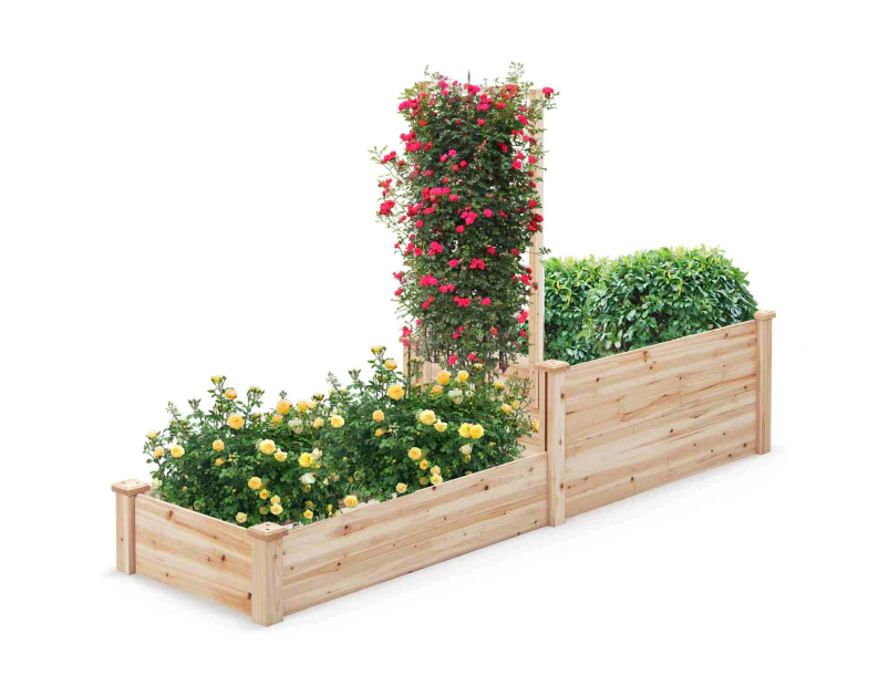 Costway 2-tier Wooden Raised Garden Bed Elevated Planter Box w/Trellis & Open-ended Bottom Vegetables, Flowers, Herbs, Fruits