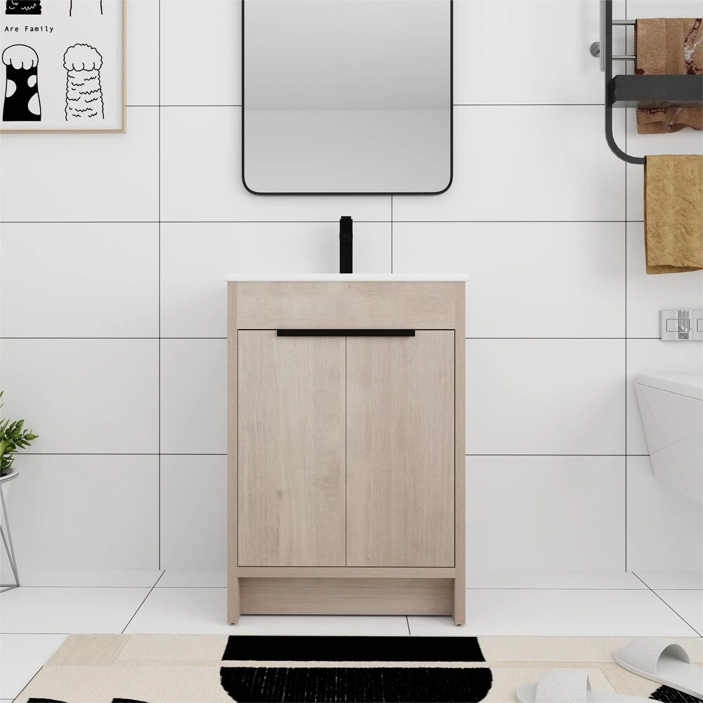 Bathroom Vanity With Sink In 24/30/36 Inch,  Bathroom Vanity With Soft Close Door and Adjustable Shelf - Plain Light Oak - 24"W x 18.3"D x 34.3"H