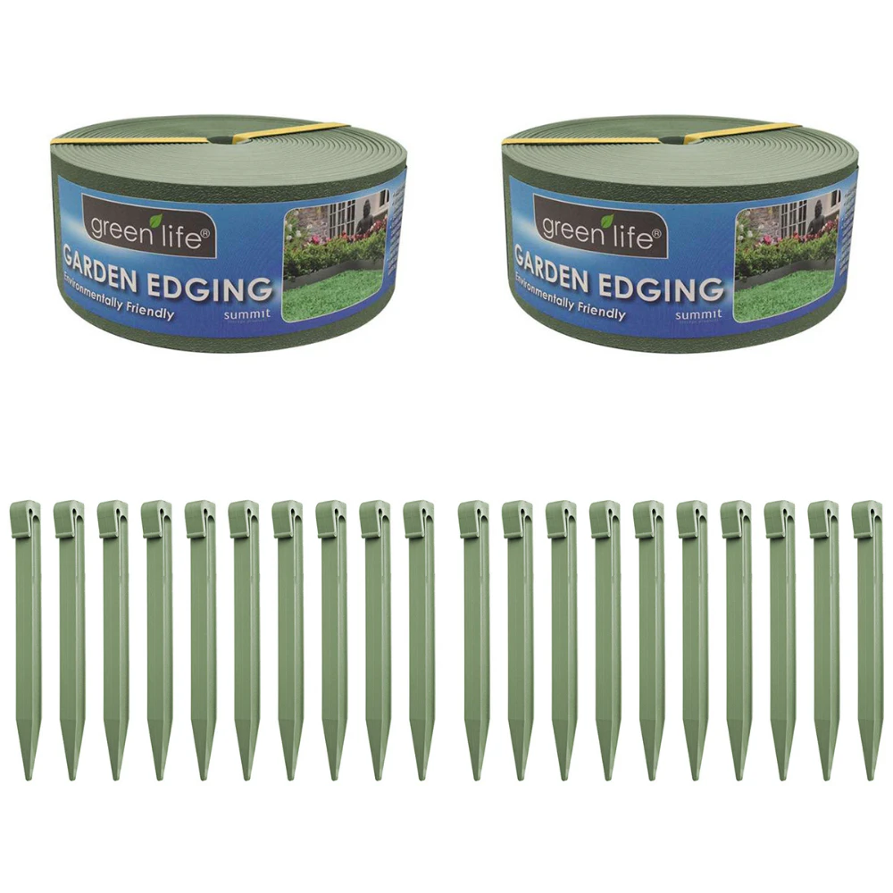 20M Garden Edging With Pegs Plastic Flexible Border Lawn Flower Bed Edge Green