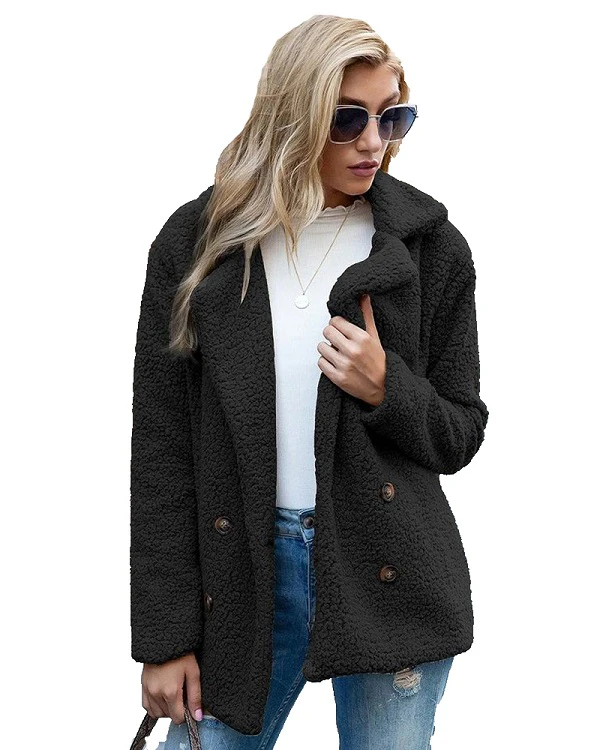 Women's Double Breasted Collared Teddy Coat - with Pockets - Black