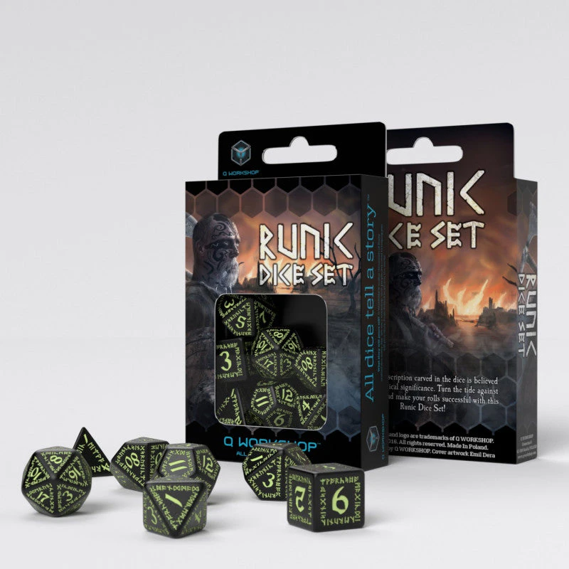 Q Workshop Runic Black & Glow In The Dark Dice Set 7