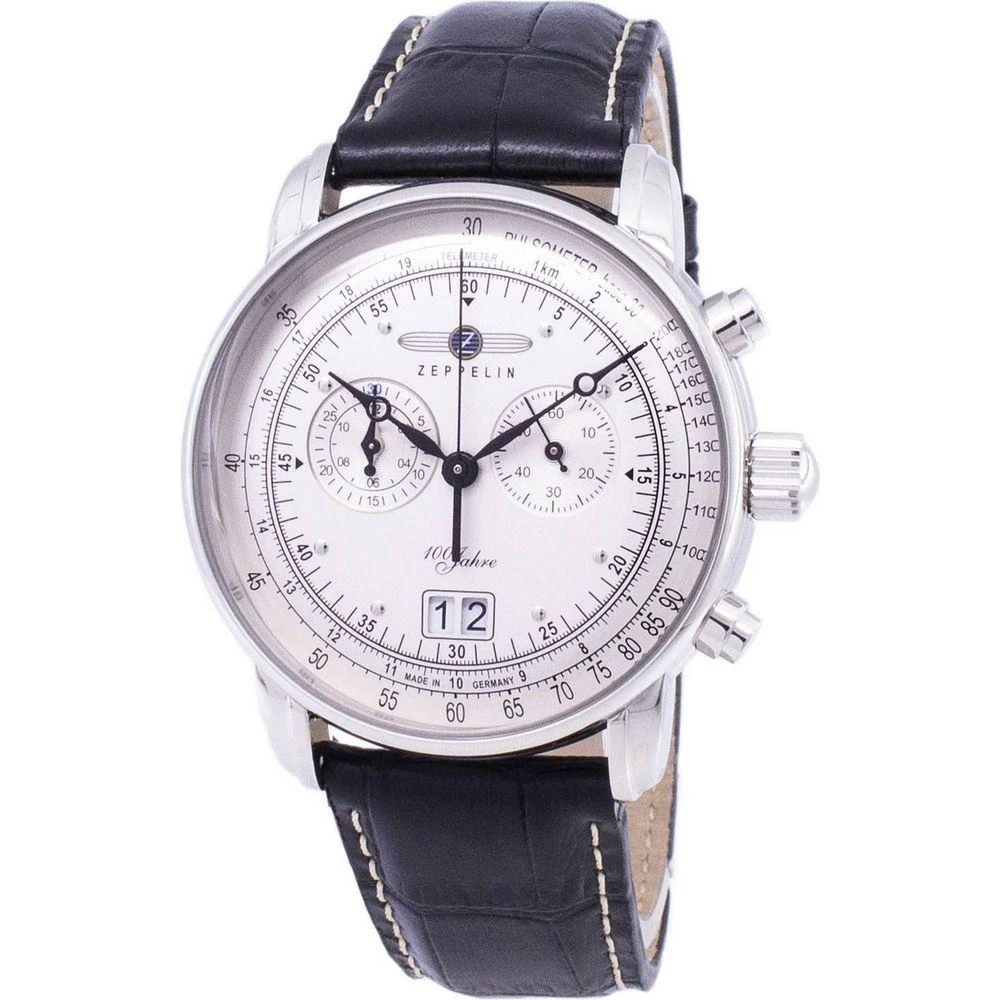 Zeppelin Series 100 Years Ed.1 Germany Made 7690 1 76901 Men's Stainless Steel Chronograph Watch With White/silver Dial And Leather Strap