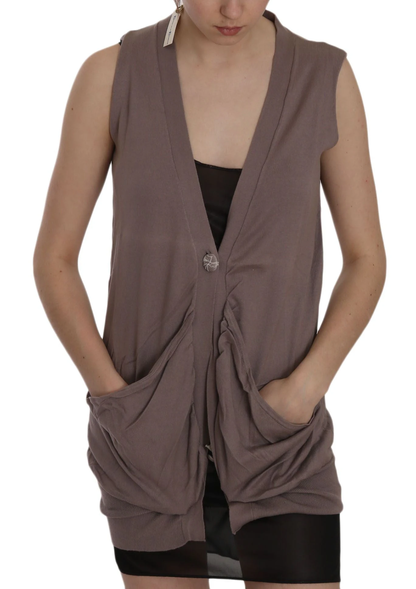 PINK MEMORIES Brown 100% Cotton Sleeveless Cardigan Top Vest