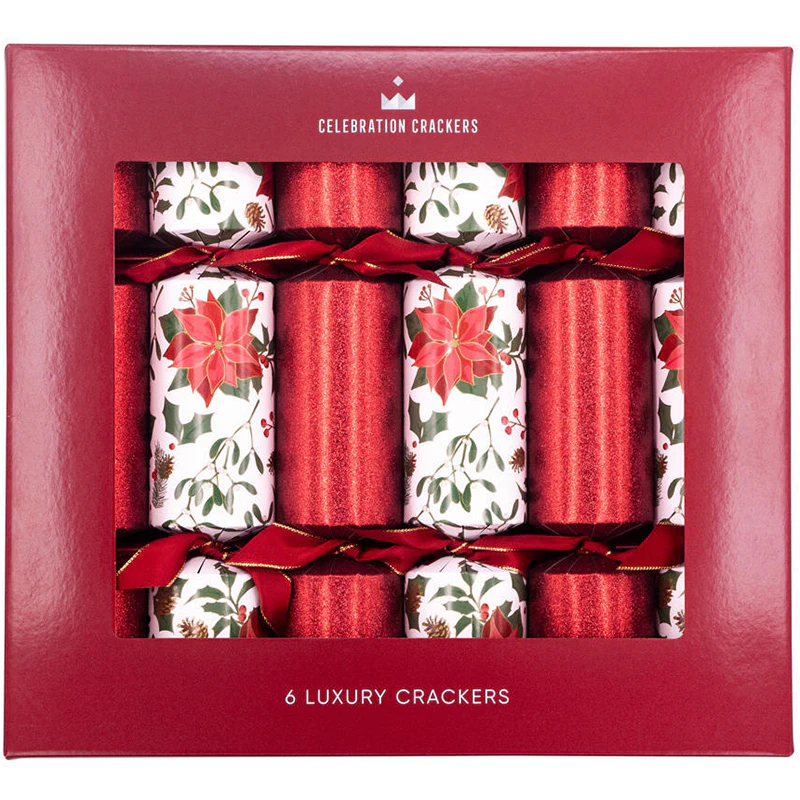 Poinsettia Sparkle Christmas Crackers 6PK