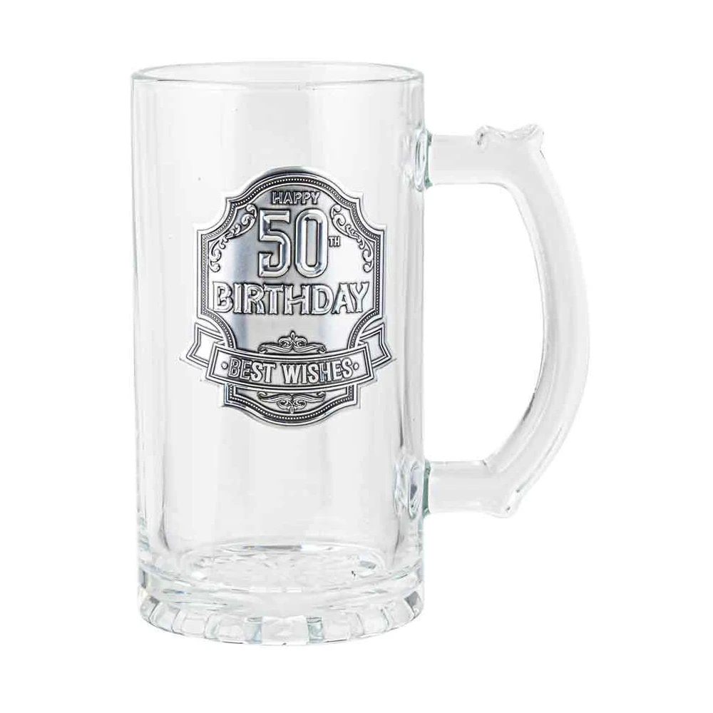 50th Badge Beer/Cider Glass Drinking Stein Drink Mug Birthday Gift Clear 450ml