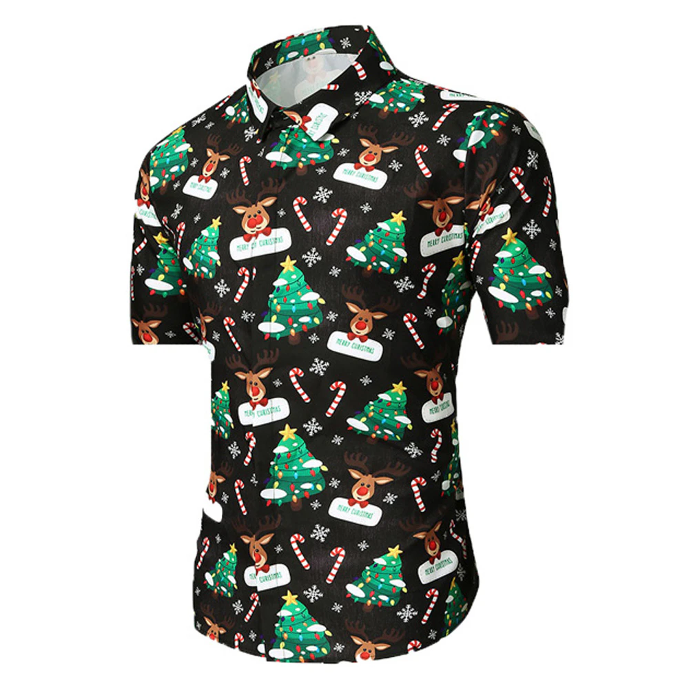 Men's Collared Short Sleeve Christmas Shirt - Black Reindeer - Black Reindeer