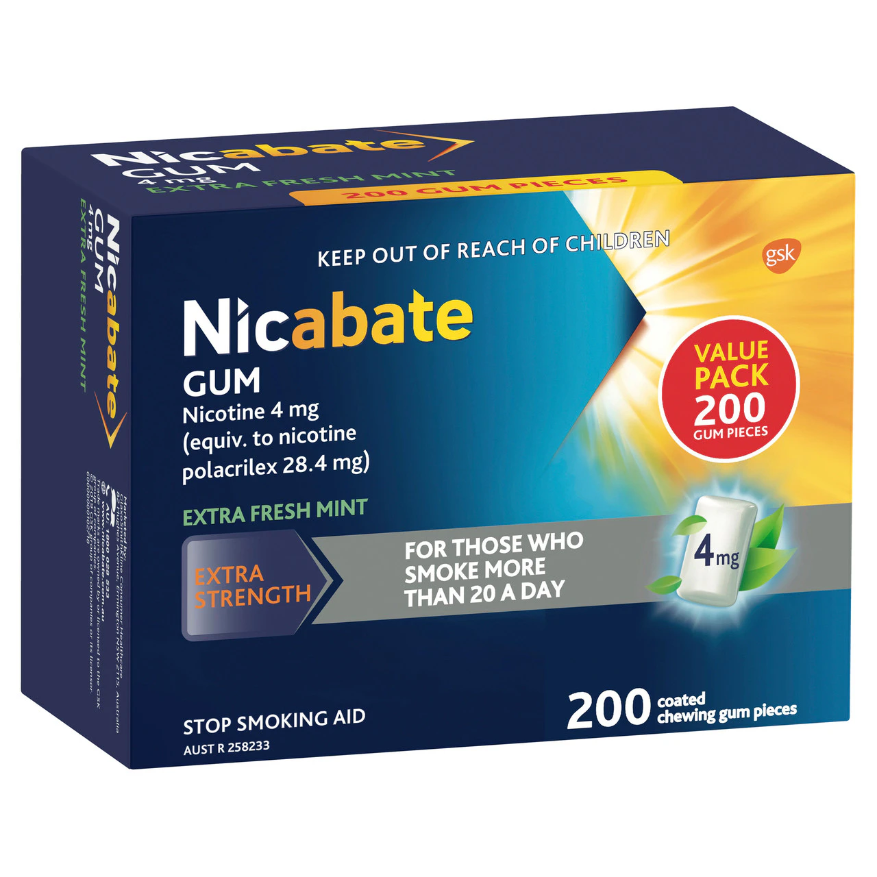 Nicabate Gum Stop Smoking Nicotine 4mg Extra Strength Extra Fresh Mint Coated Chewing Gum 200 Pack