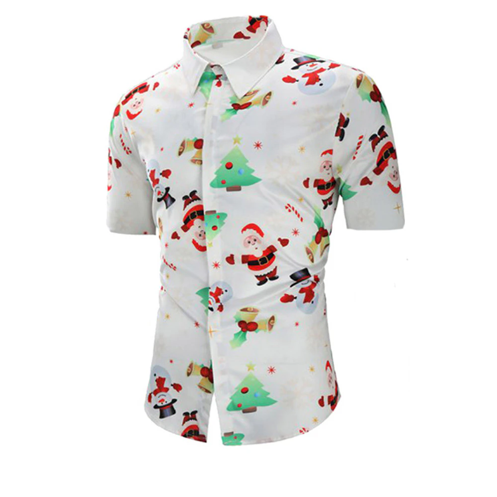 Men's Collared Short Sleeve Christmas Shirt - White Santa - White Santa