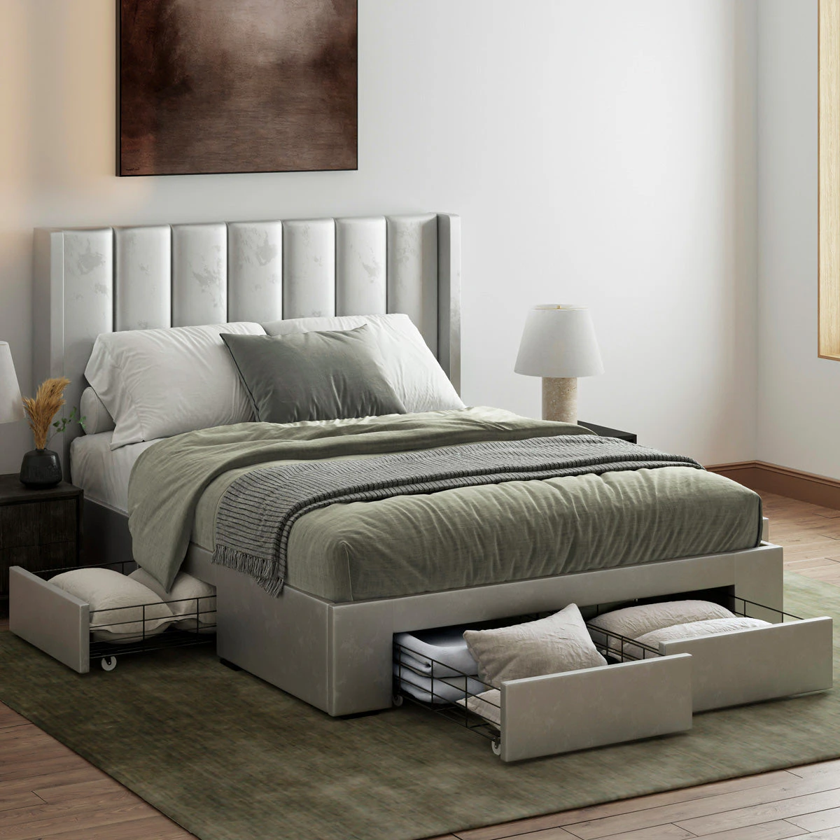 Four Extra Large Drawer Storage Bed Frame with Wings Vertical Lined Bed Head in King, Queen and Double Size (Taupe White Velvet)