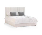 Four Extra Large Drawer Storage Bed Frame with Wings Vertical Lined Bed Head in King, Queen and Double Size (Ivory White Boucle)