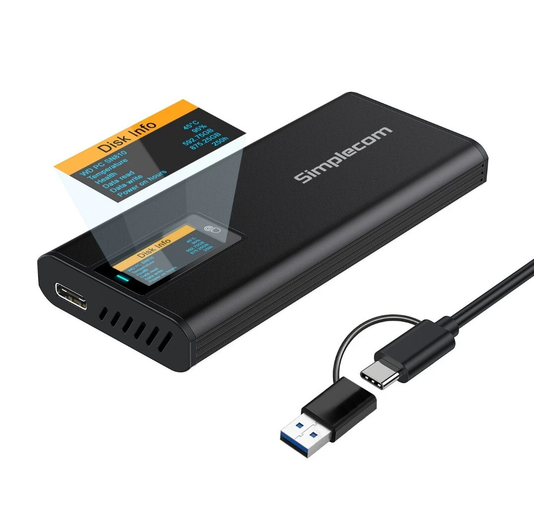 Simplecom SE530 NVMe   SATA M.2 SSD to USB-C Enclosure with SMART LED Screen USB 3.2 Gen 2 10Gbps