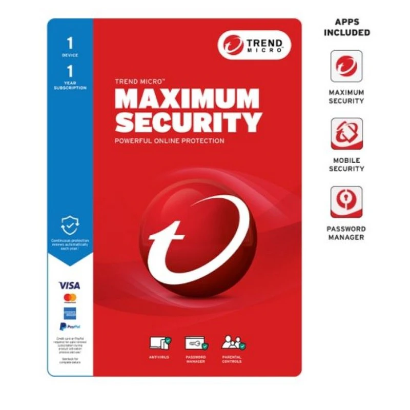 Trend Micro TICEWWMFXSCWEW Maximum Security 1 Device 1Yr Retail Mini Box Auto Renew