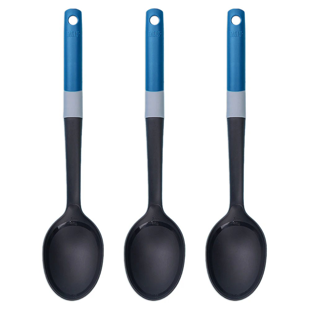 3x Tasty Plastic Solid Spoon/Spatula Kitchen Serve/Cooking Utensil 34cm BLK/BLU