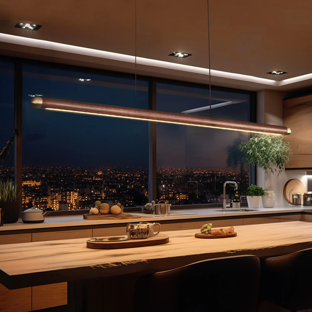 Krear 150cm Linear Pendant Light Walnut Led Kitchen Benchtop Drop Lights