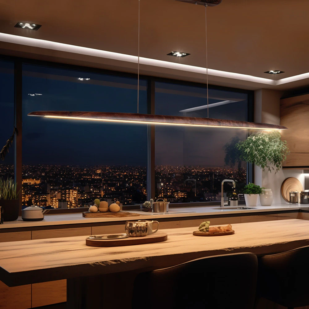 Krear 150cm Linear Pendant Light Walnut Led Kitchen Benchtop Drop Lights