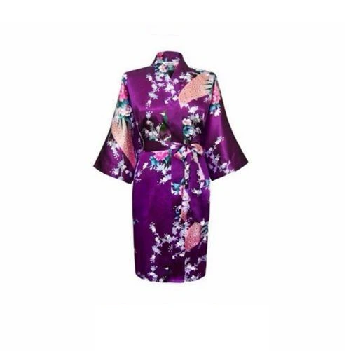 Women Bride Bridesmaid Gown Robe Satin Kimono Short Floral Bridal Wedding Purple Silk - Purple