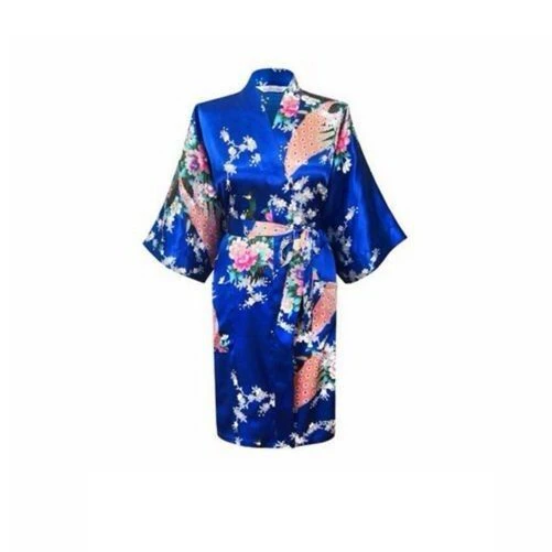 Women Bride Bridesmaid Gown Robe Satin Kimono Short Floral Bridal Wedding Royal Blue Silk