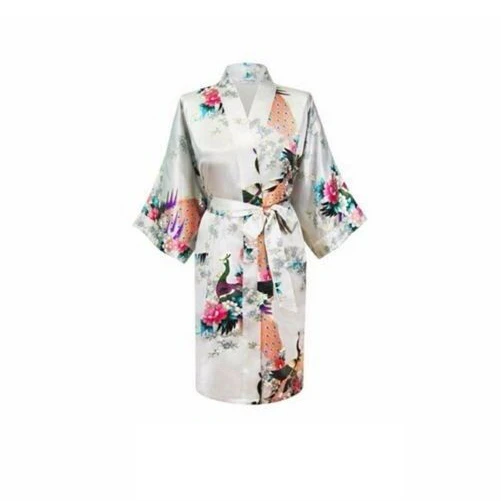 Women Bride Bridesmaid Gown Robe Satin Kimono Short Floral Bridal Wedding White Silk - White