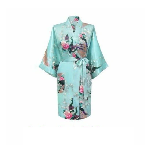 Women Bride Bridesmaid Gown Robe Satin Kimono Short Floral Bridal Wedding Light Blue Silk