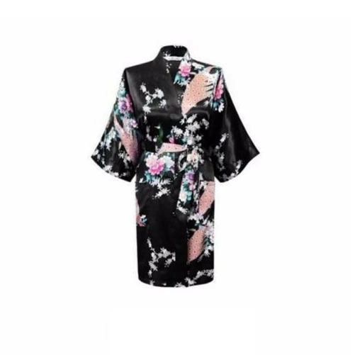 Women Bride Bridesmaid Gown Robe Satin Kimono Short Floral Bridal Wedding Black Silk