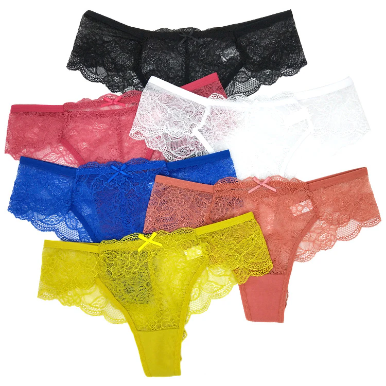 6 x Womens Lace Sexy Briefs Undies Coloured Solid Underwear Jocks With Bow Lace