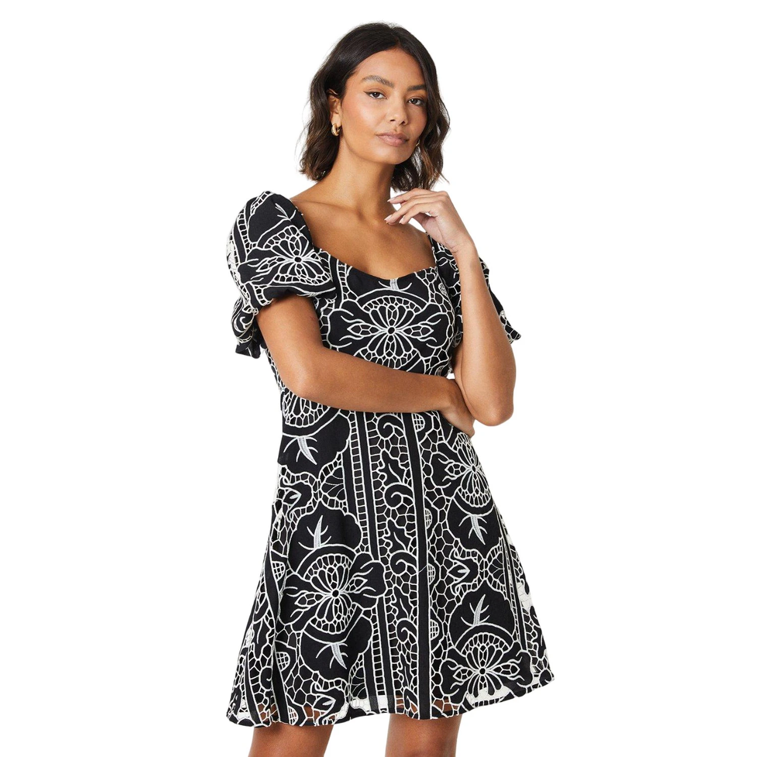 Dorothy Perkins Womens Cutwork Puff Sleeve Mini Dress (Black) - DP4804