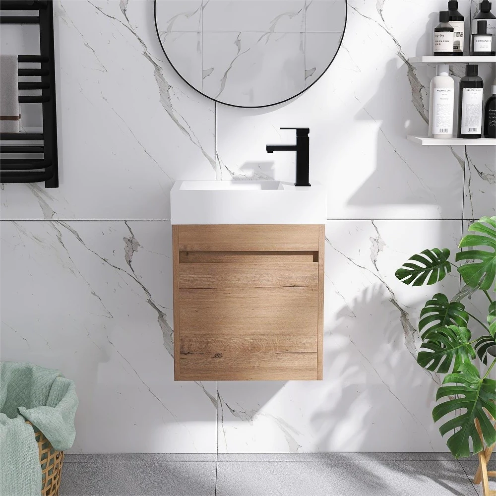 Bathroom Vanity With Sink In 16/18 Inch, Floating Bathroom Vanity With Soft Close Door - 18.1"W-Resin Sink - Imitative Oak