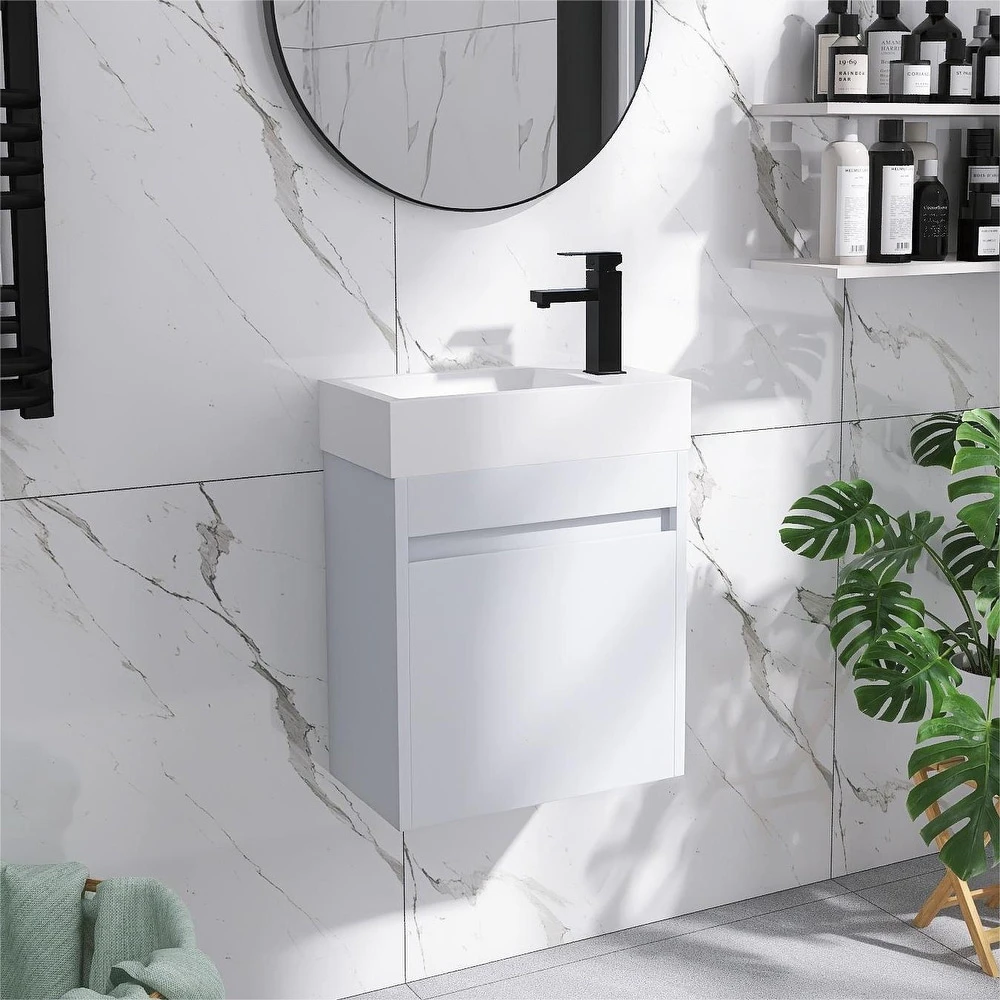 Bathroom Vanity With Sink In 16/18 Inch, Floating Bathroom Vanity With Soft Close Door- 18.1"W-Resin Sink - White