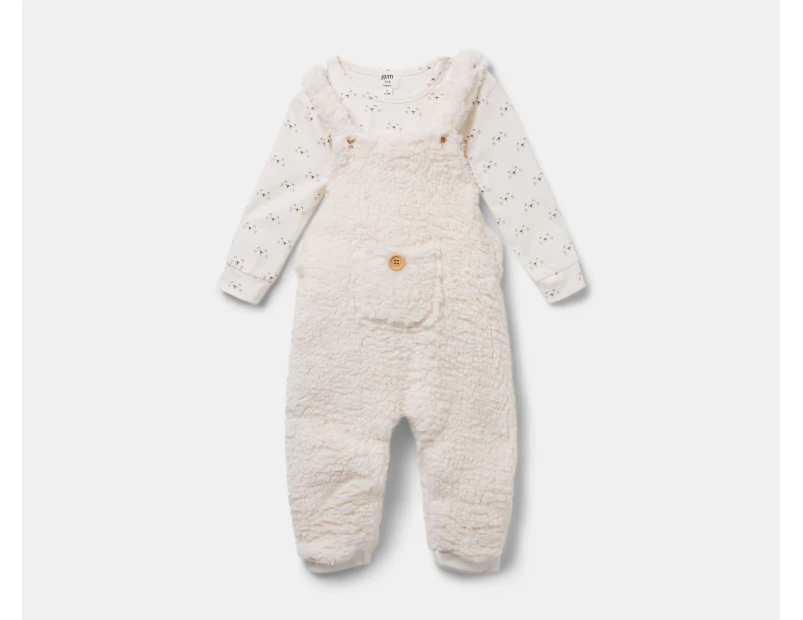 Gem Look Baby Sherpa Fleece Overall & Long Sleeve Tee Set - White/Multi