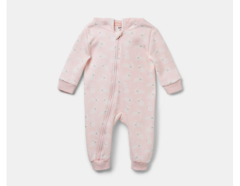 Gem Look Baby Girls' Bunny Print Fleece Coverall Romper - Pink/White