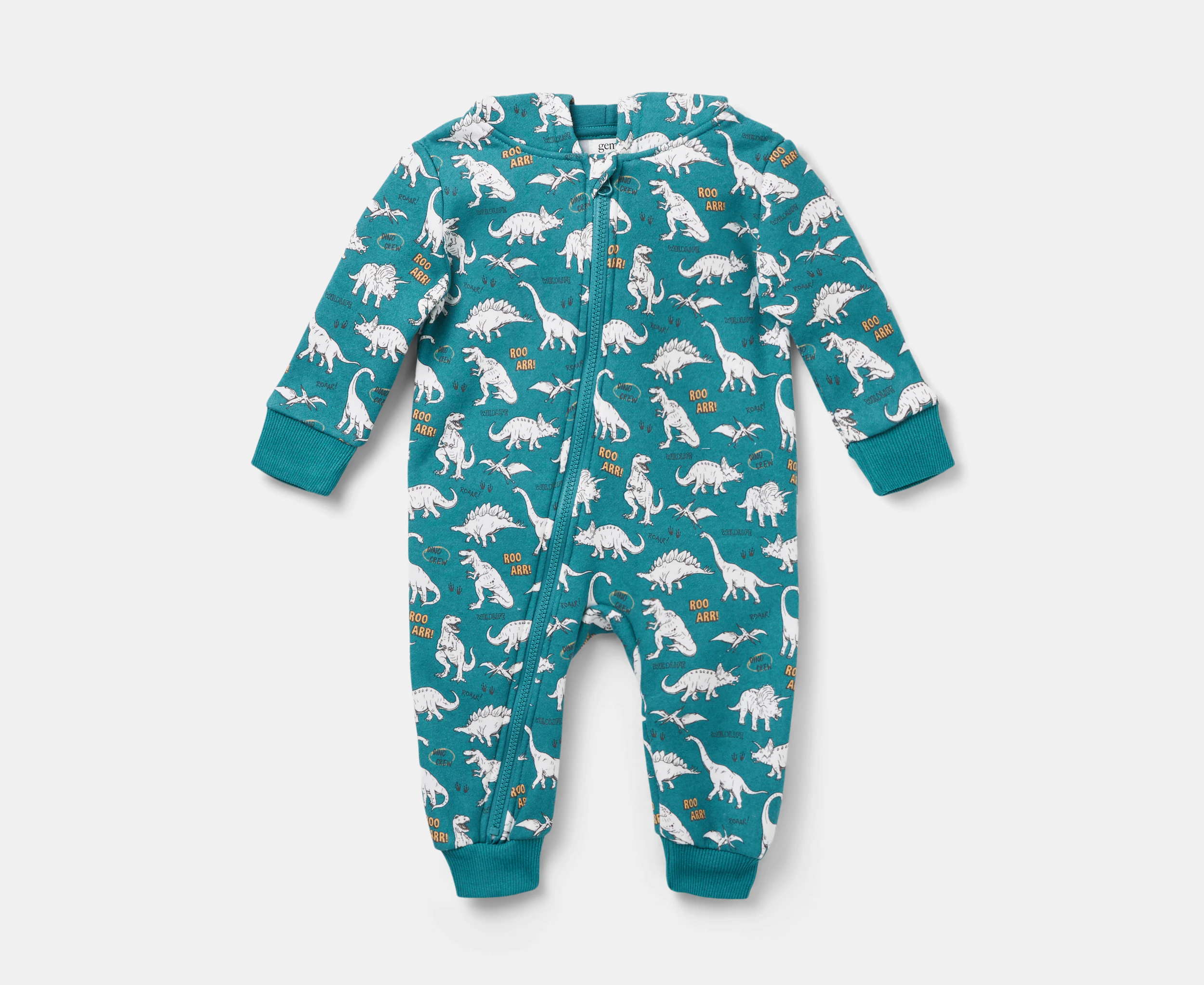 Gem Look Baby Boys' Dinosaur Fleece Hoodie Coverall Romper - Teal/Multi