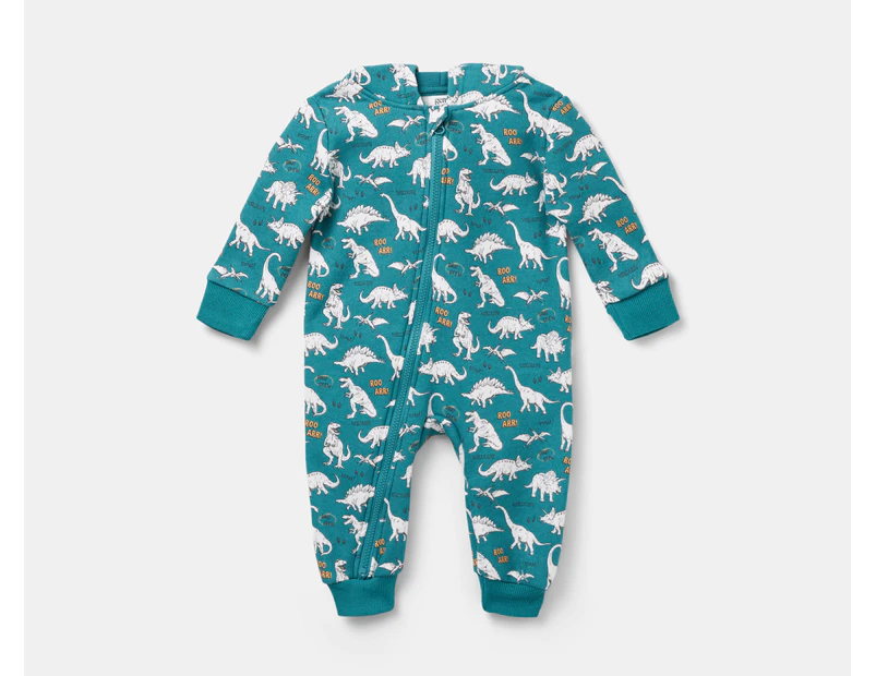 Gem Look Baby Boys' Dinosaur Fleece Hoodie Coverall Romper - Teal/Multi