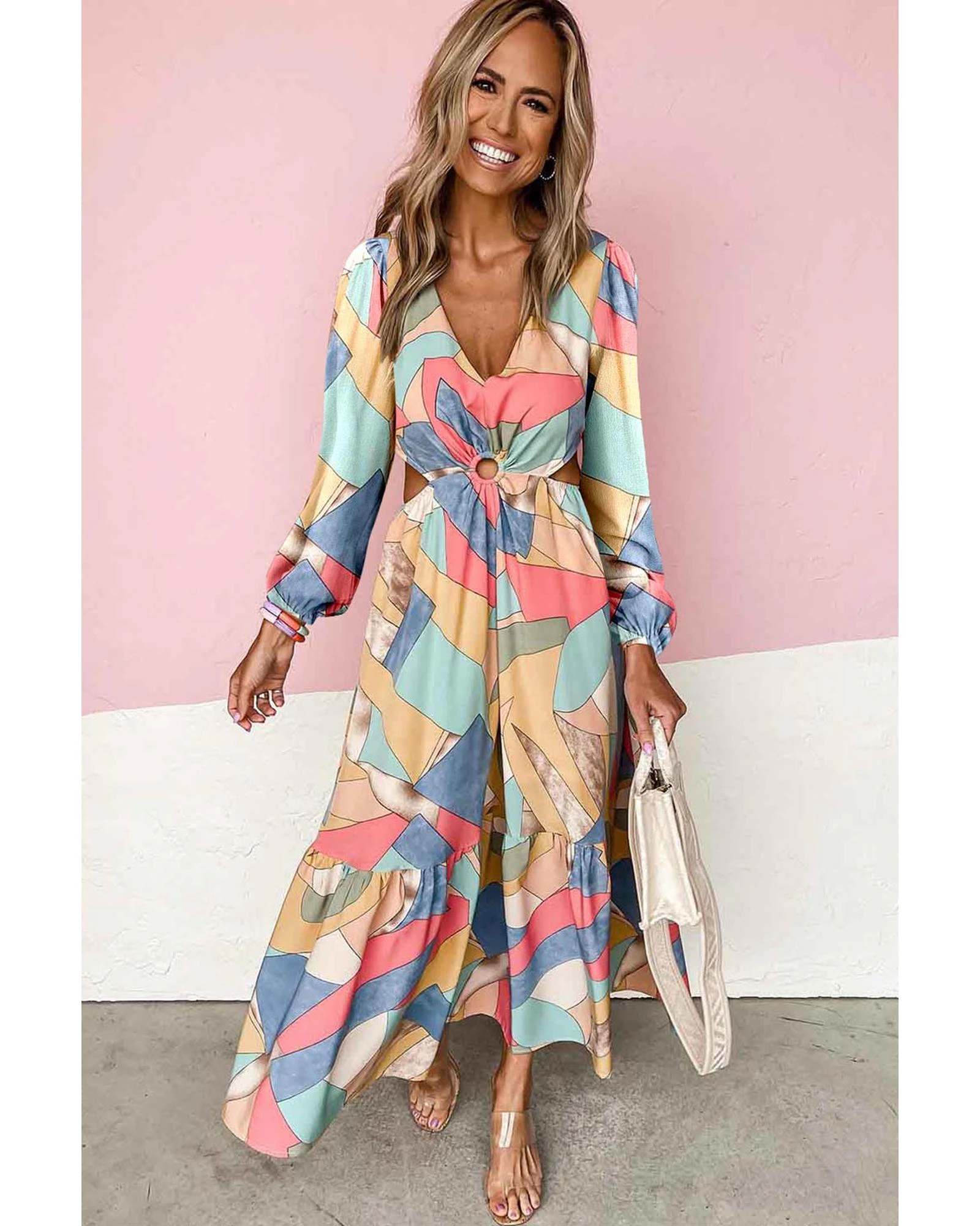 Azura Exchange Abstract Print O-ring Cut out Long Sleeve Maxi Dress